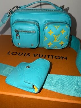 Louis Vuitton Turquoise RARE Crossbody Camera Bag with Yellow Monogram Details